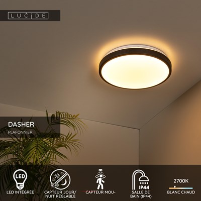 Lucide DASHER - Plafonnier Salle de bains - Ø 34,8 cm - LED - 1x18W 2700K - IP44- Détecteur De Mouvement & Jour/Nuit - Noir